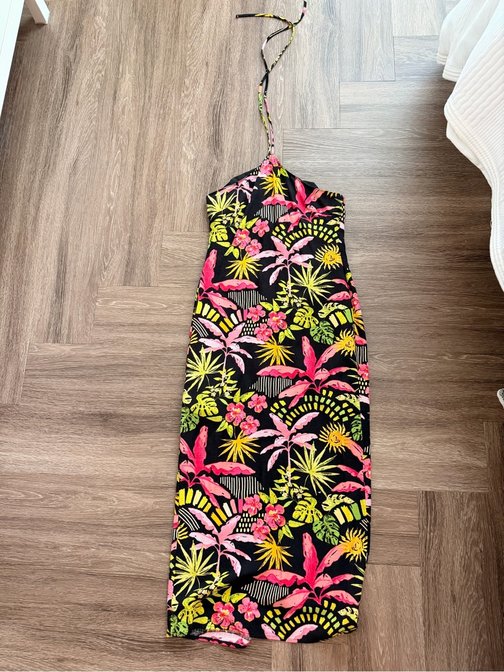 Black Tropical Halter Maxi Dress with Pink & Yellow Floral